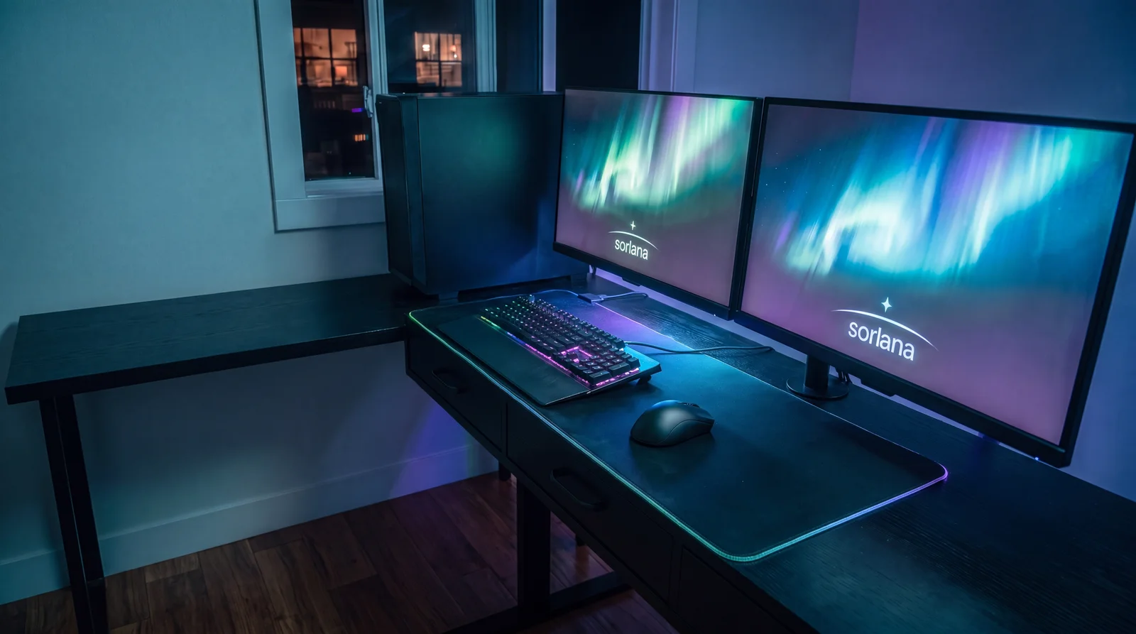 Alex's dual-monitor desk at night, both screens glowing with the Sorlana aurora wallpaper