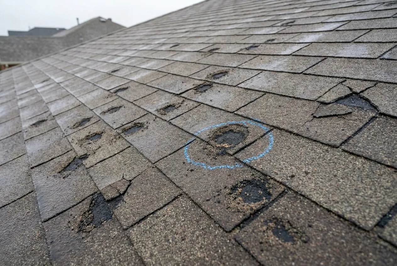Hail-bruised, weathered shingles before replacement