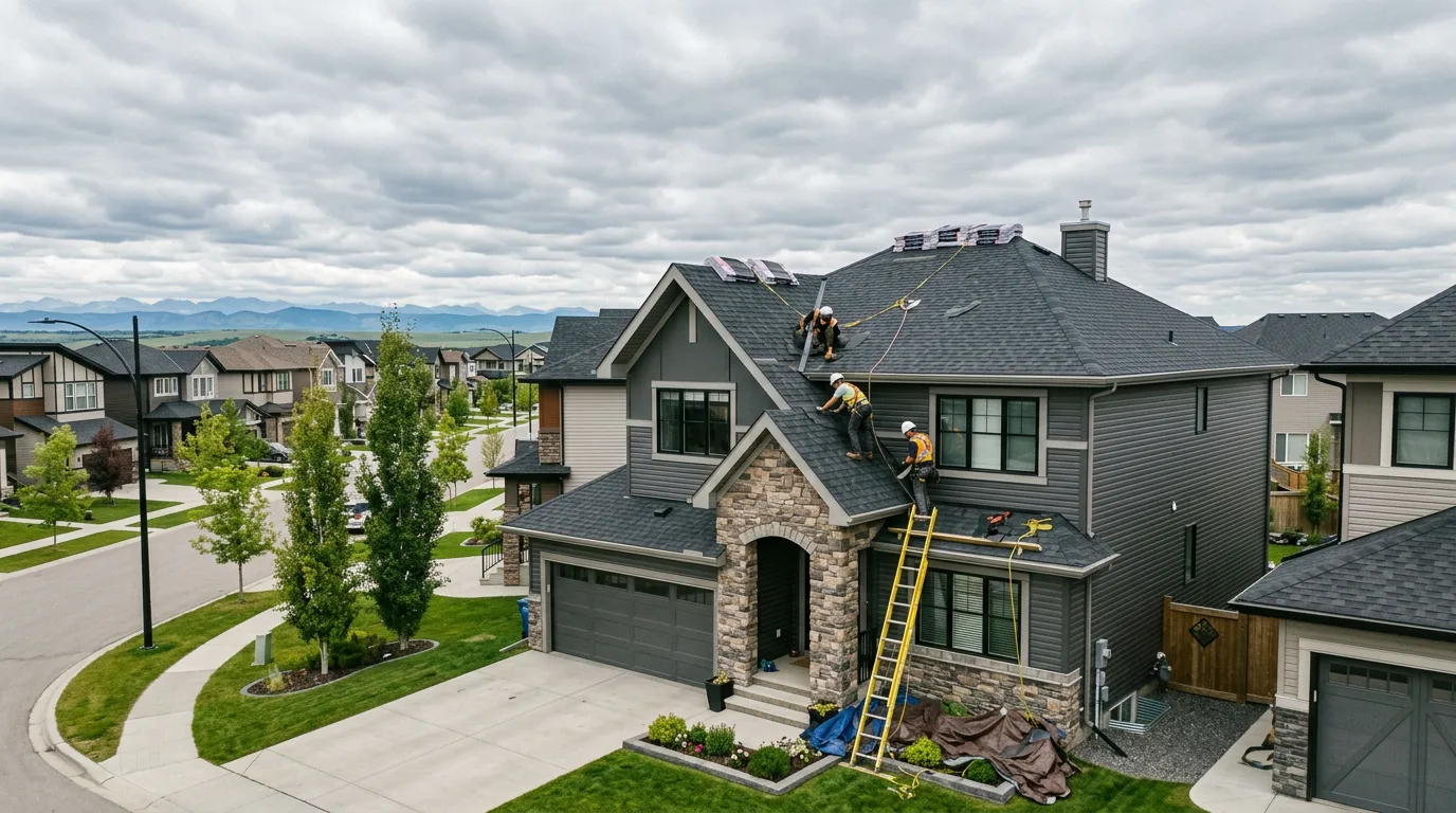 Drone photo of a roofing crew installing charcoal shingles on a two-storey Calgary home under an overcast prairie sky