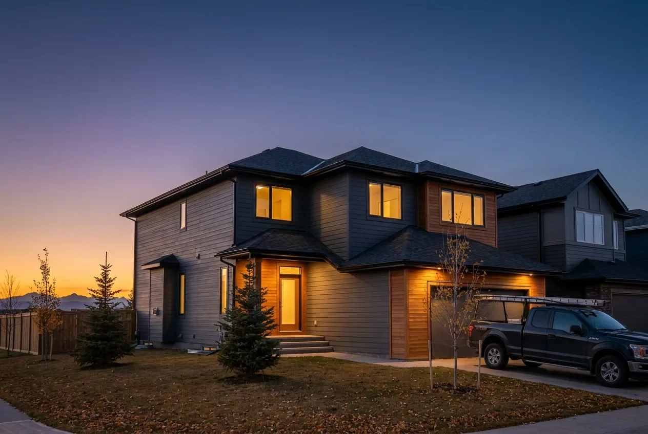 Finished two-storey Calgary home at dusk with a new charcoal roof and warm window light