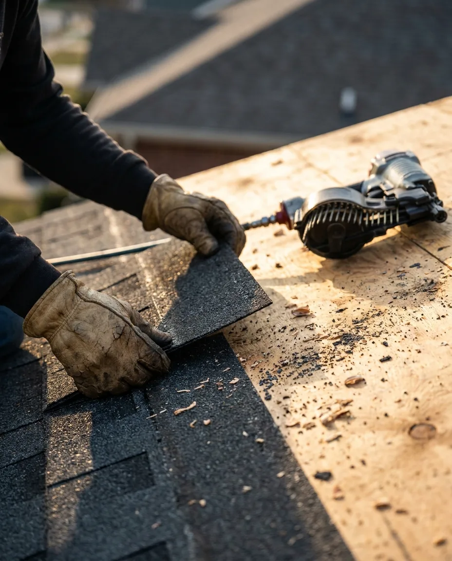 Close-up of gloved hands fitting an architectural shingle