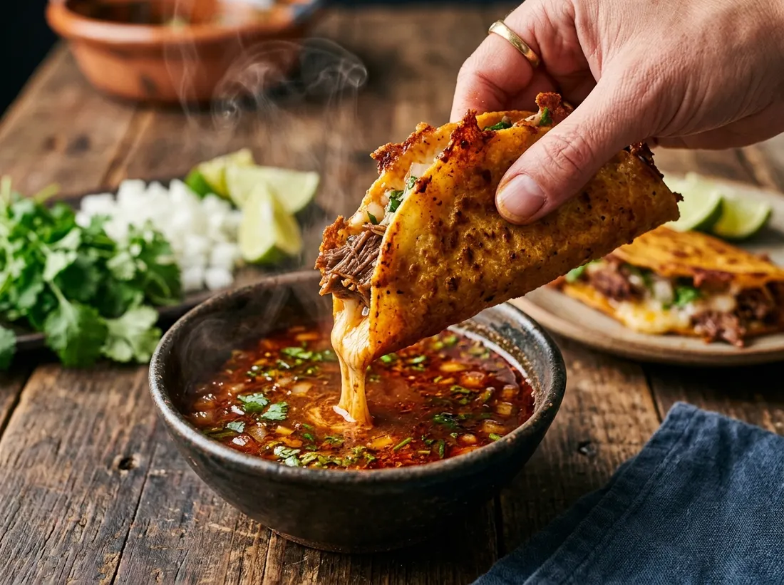 Crispy birria taco dipped into red consomé with cheese pull