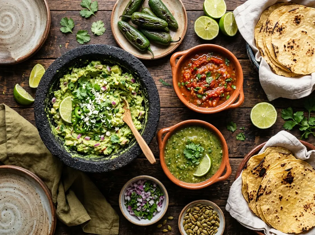 Overhead spread of guacamole, salsas, charred jalapeños and limes