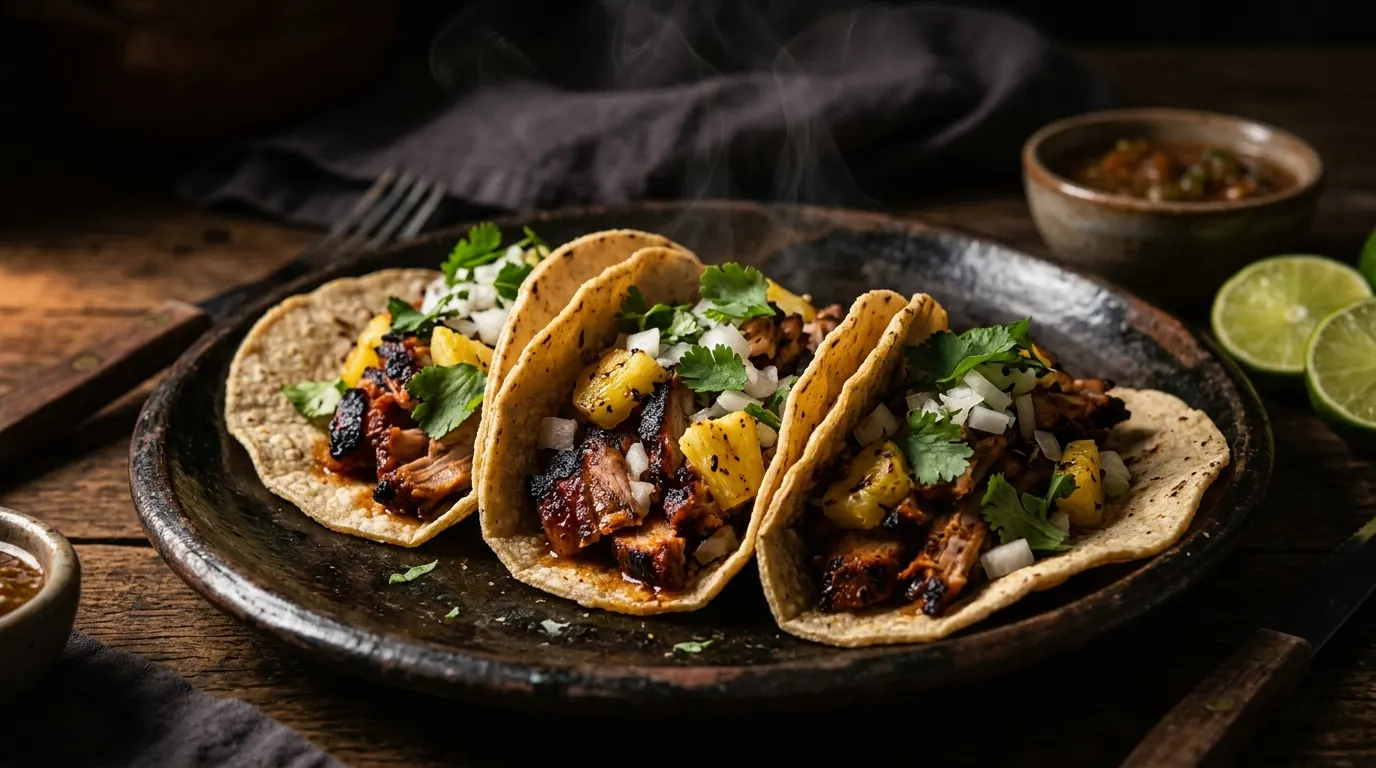Three tacos al pastor on a dark ceramic plate with lime wedges