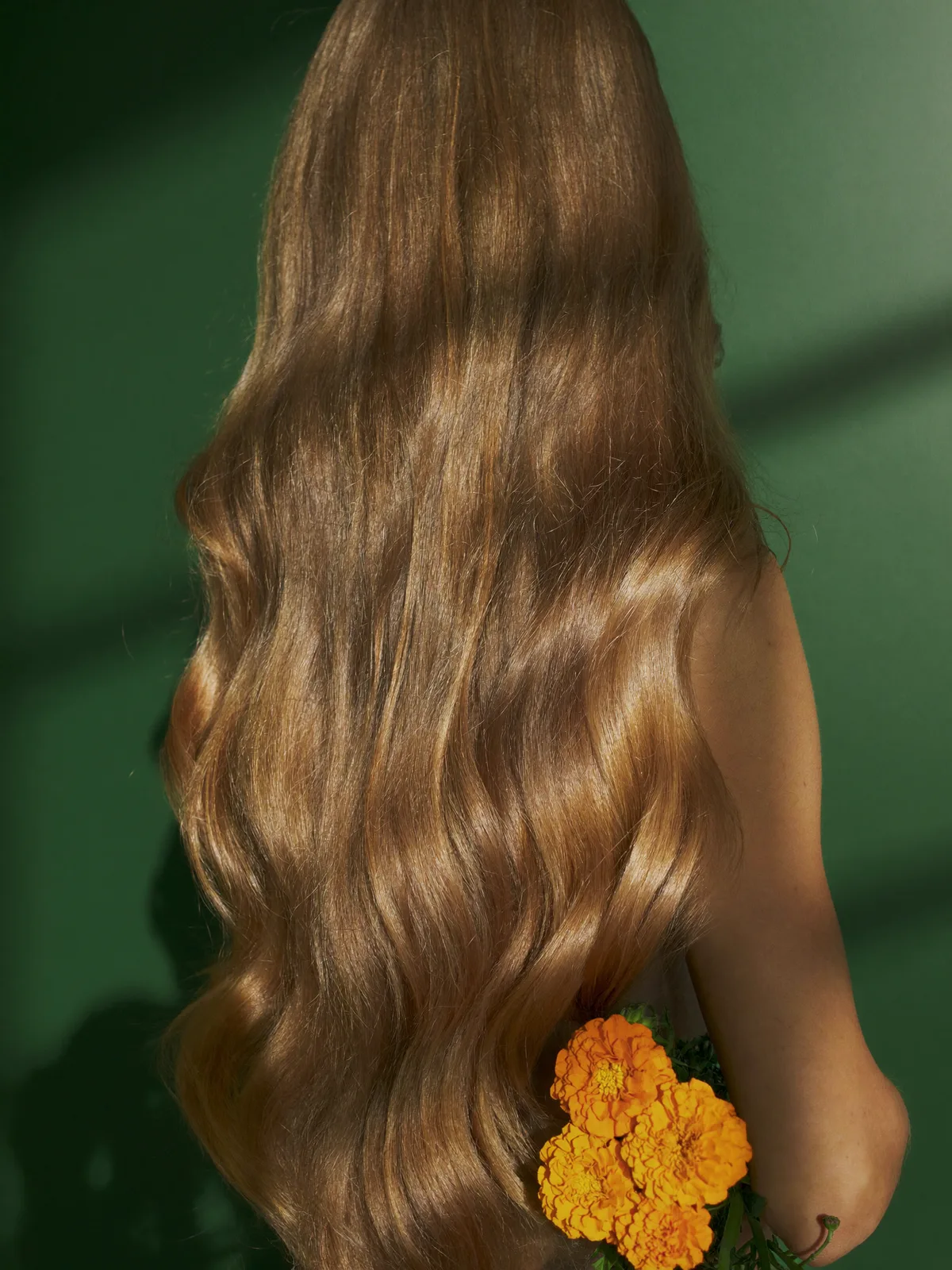 Woman with honey-gold balayage waves in warm window light against a deep green wall
