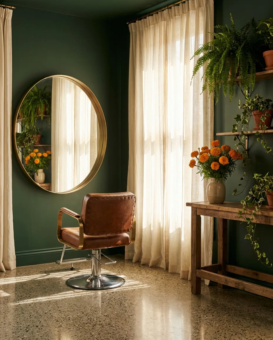 Calm salon interior with a single chair, round brass mirror, green walls, and marigolds on the console