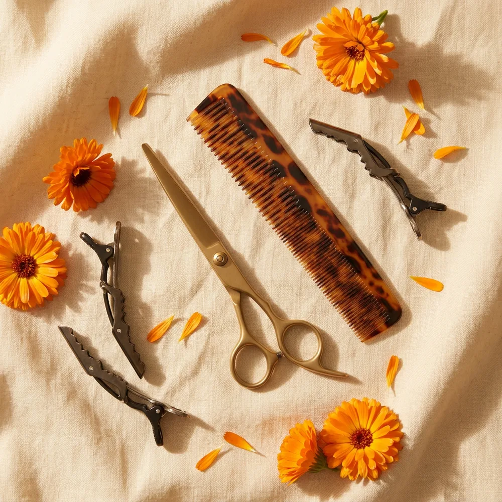 Gold shears, comb, and marigold petals arranged on cream linen
